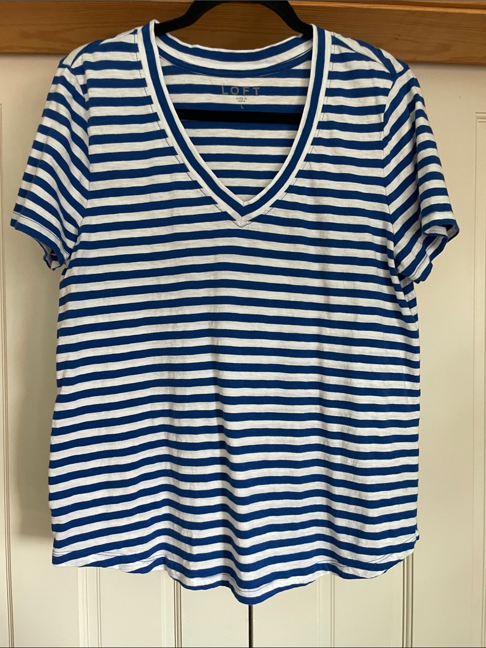 LOFT Blue & White Striped V-Neck Tee Shirt